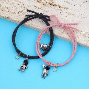 Astronaut & Star Magnetic Elastic BFF, Couple Adjustable Bracelets Pink & Black